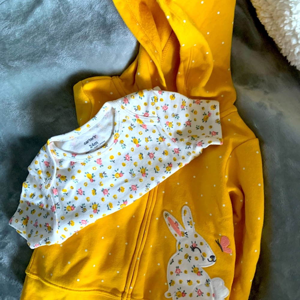 yellow floral bunny zippered hoodie